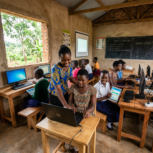 Women and children learning computer skills in a community lab in rural Uganda