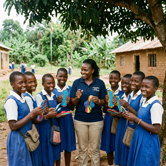 School girls holding reusable sanitary pads at a distribution event in rural Uganda